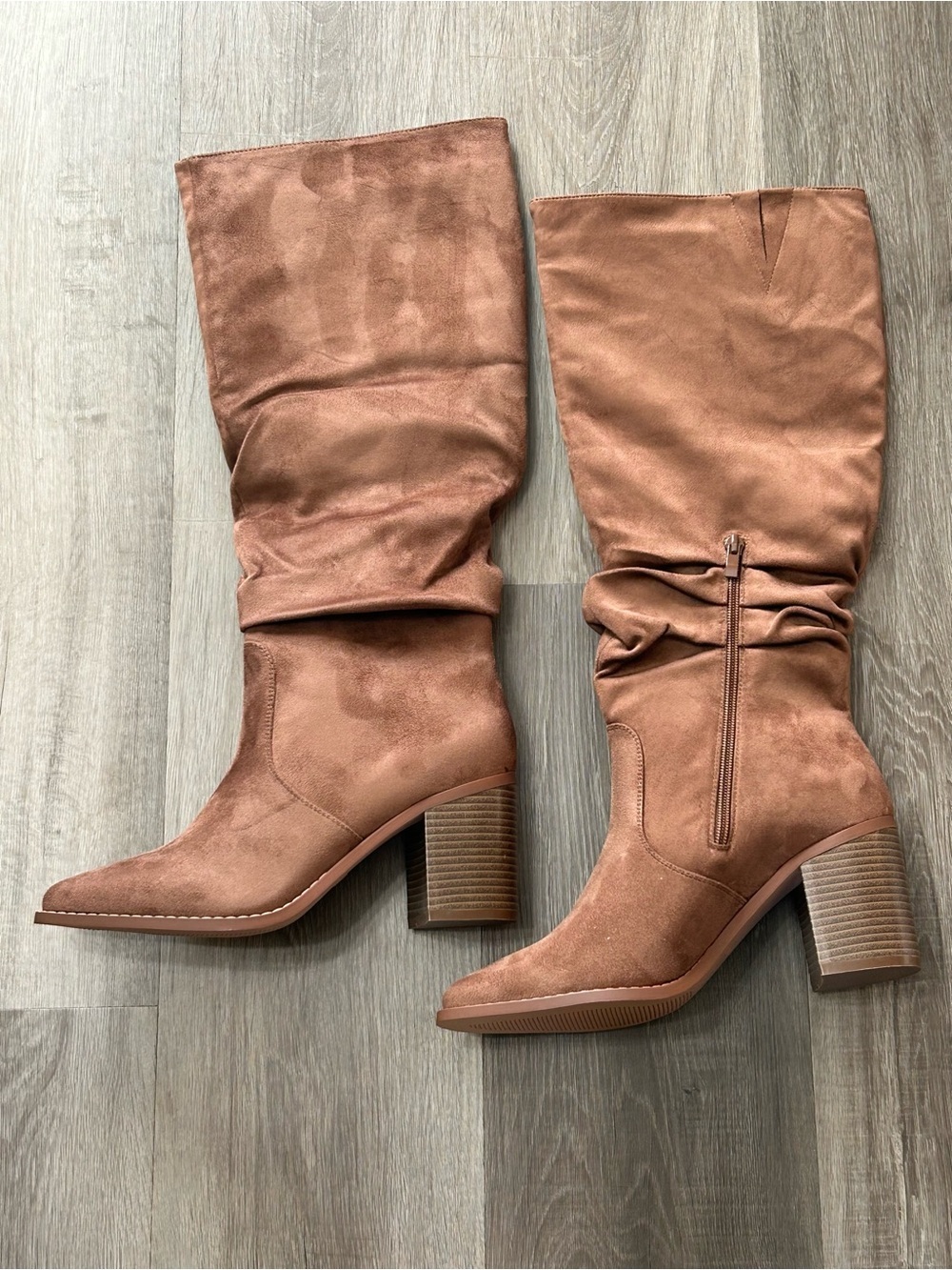 NWOT Cognac Brown Faux Suede Slouchy Knee High Boots Block Heel Size 9